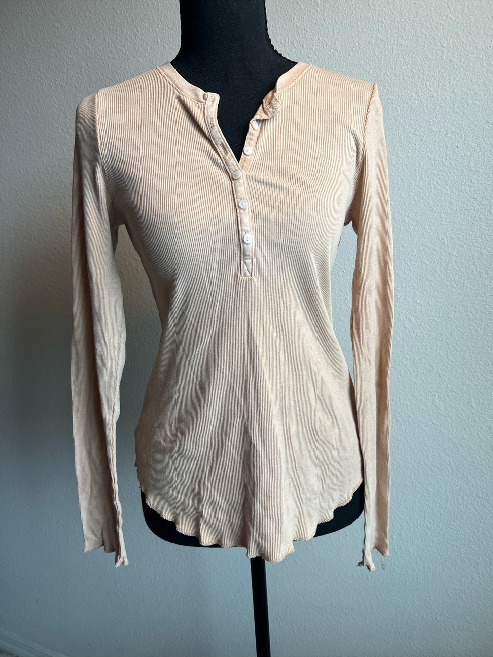 Aerie Ribbed Long-Sleeve Henley Top - Light Tan
